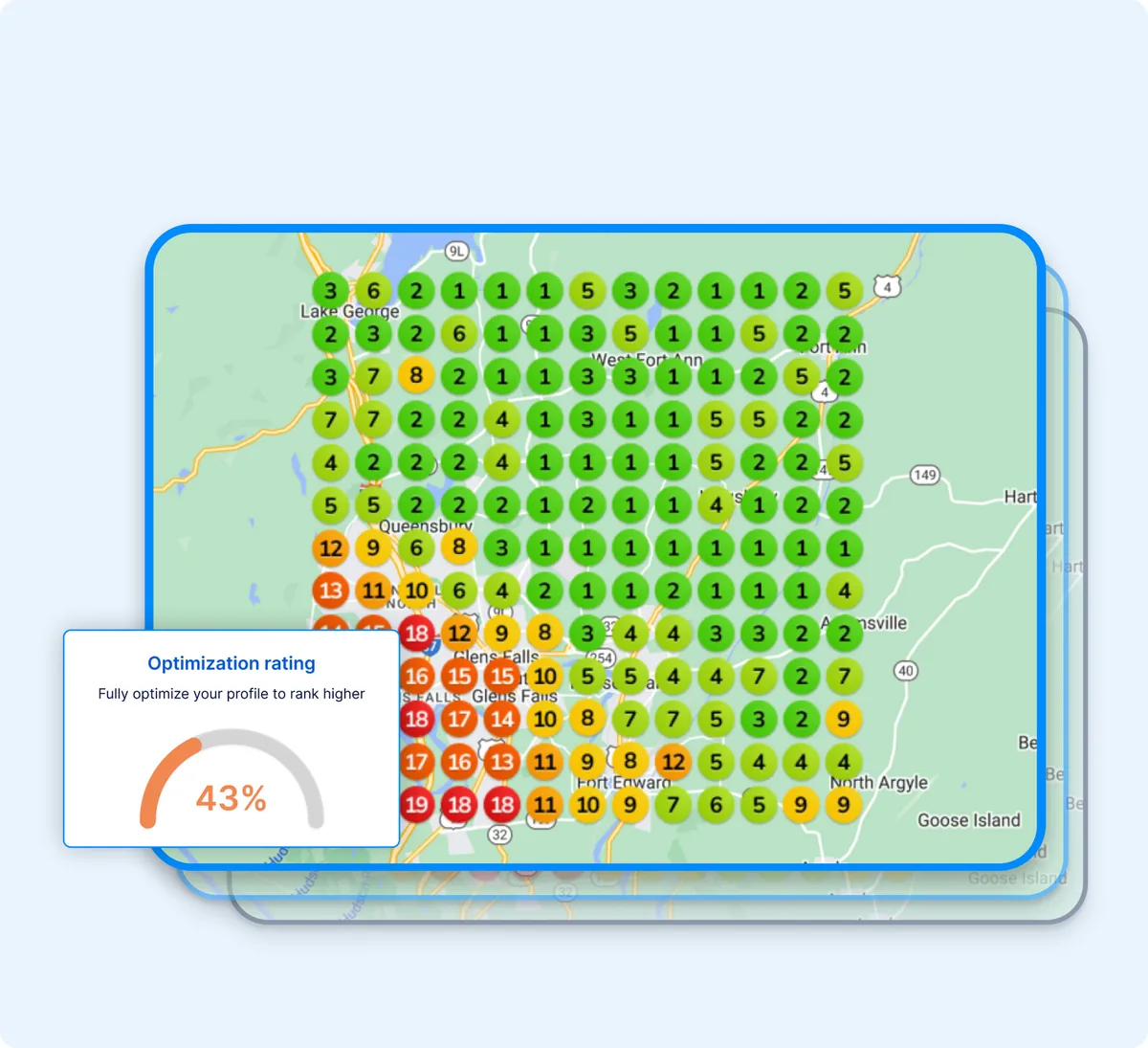 Audit heat map: a grid of rank positions across a city, mostly top three near the center and dropping to 18th at the edges, with a 43% optimization rating