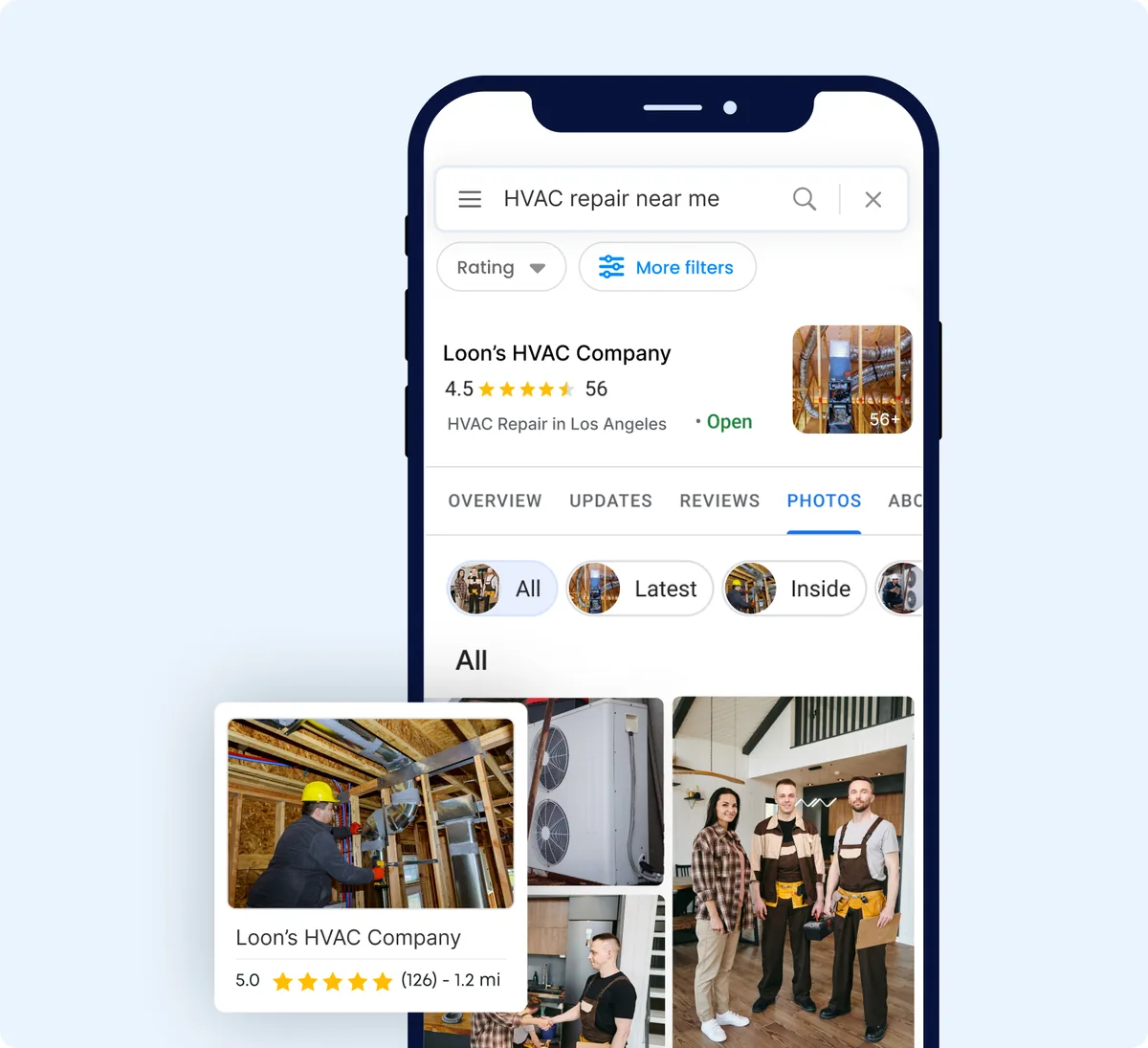 Phone showing a Google Business Profile for an HVAC company with a 4.5-star rating, 56 reviews, and a photo gallery